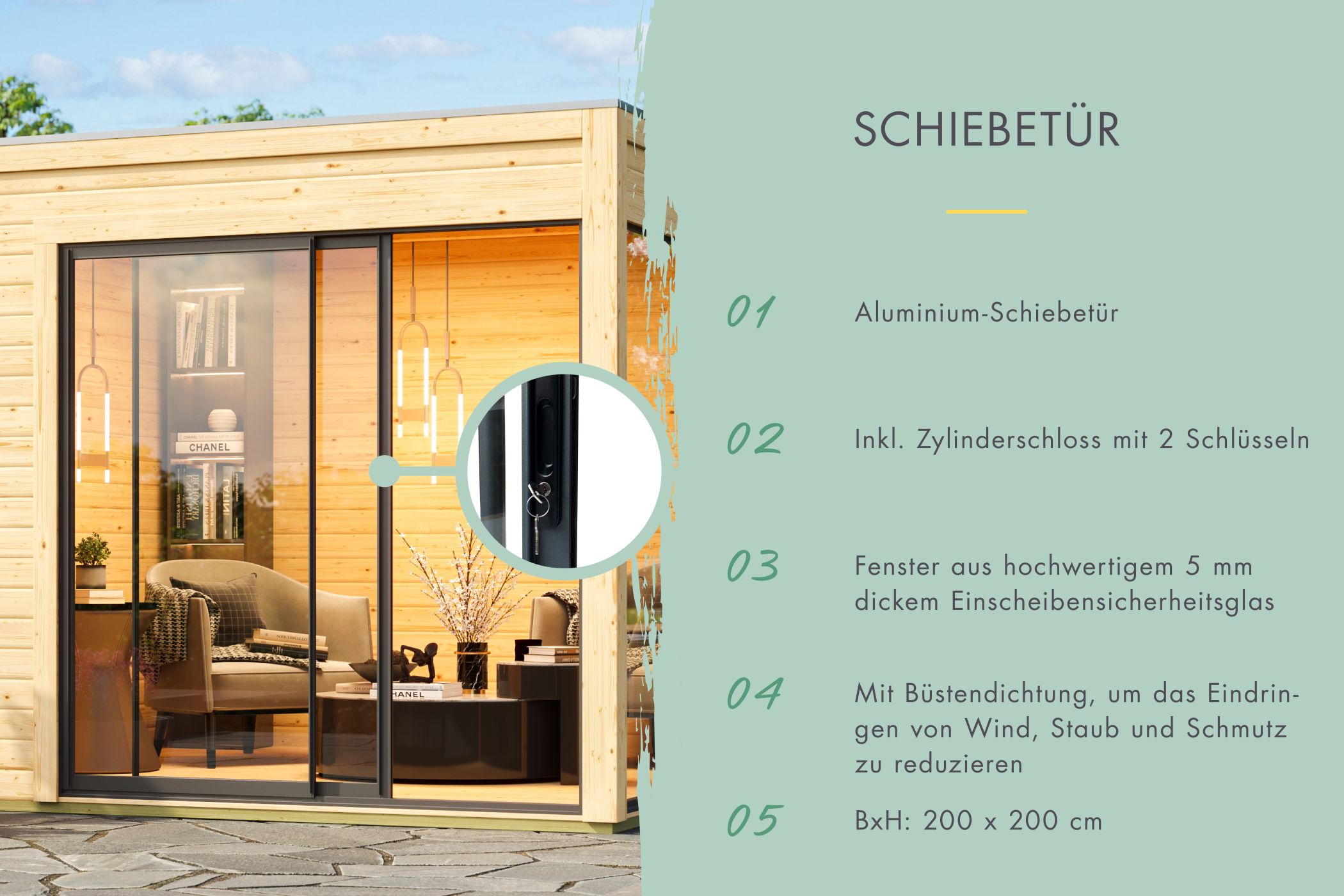 Aluminium-Schiebetür des Karibu Gartenhaus Holz & Metall Saturn mit Zylinderschloss und Sicherheitsglas