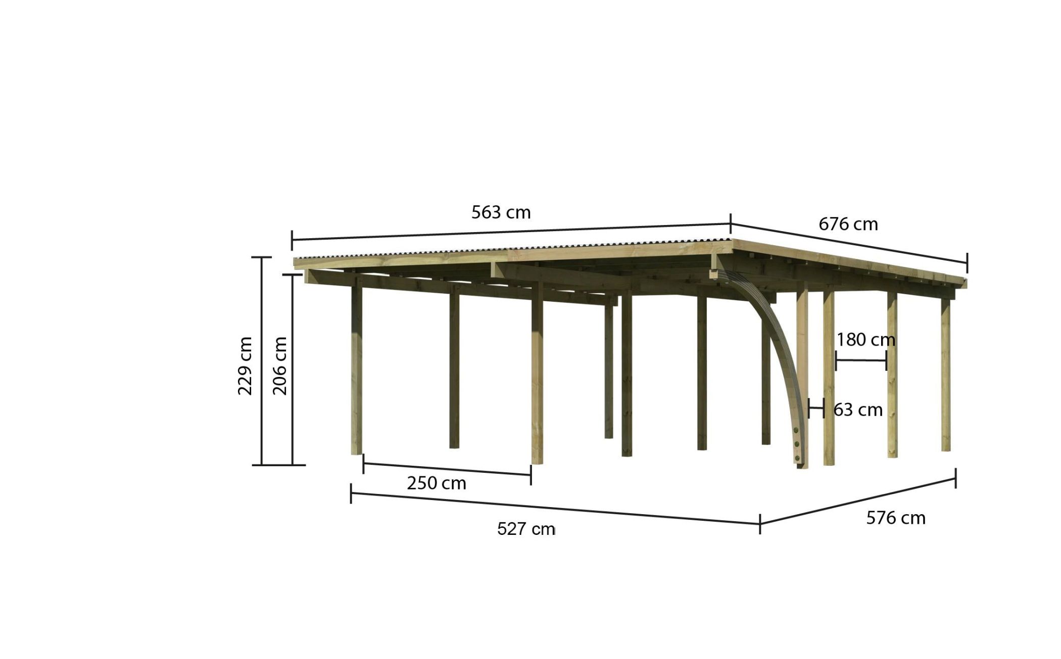 Maßzeichnung des Karibu Doppelcarport BASIC 2 mit Einfahrtsbogen, Dachmaß 563 × 676 cm und Durchfahrtshöhe 206 cm
