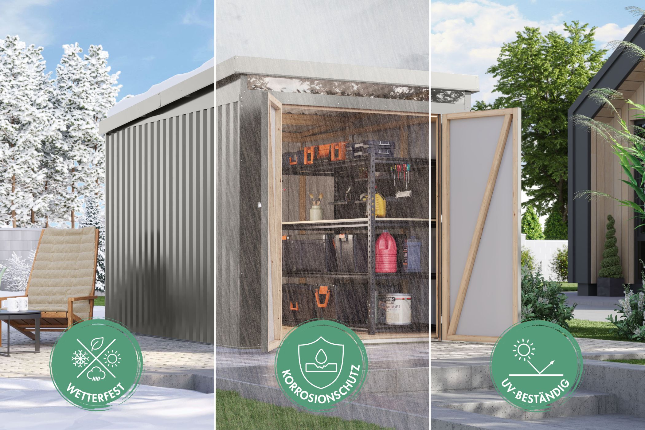 Karibu Gerätehaus aus Metall Aurum 2 in Graualuminium im Garten